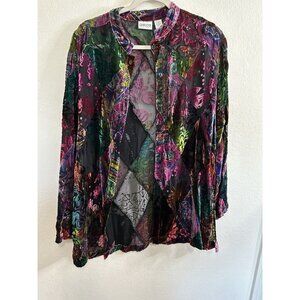 Chico's Burnout Velvet Floral Boho Multicolor Silk Blend Blouse Top Size 1 Small